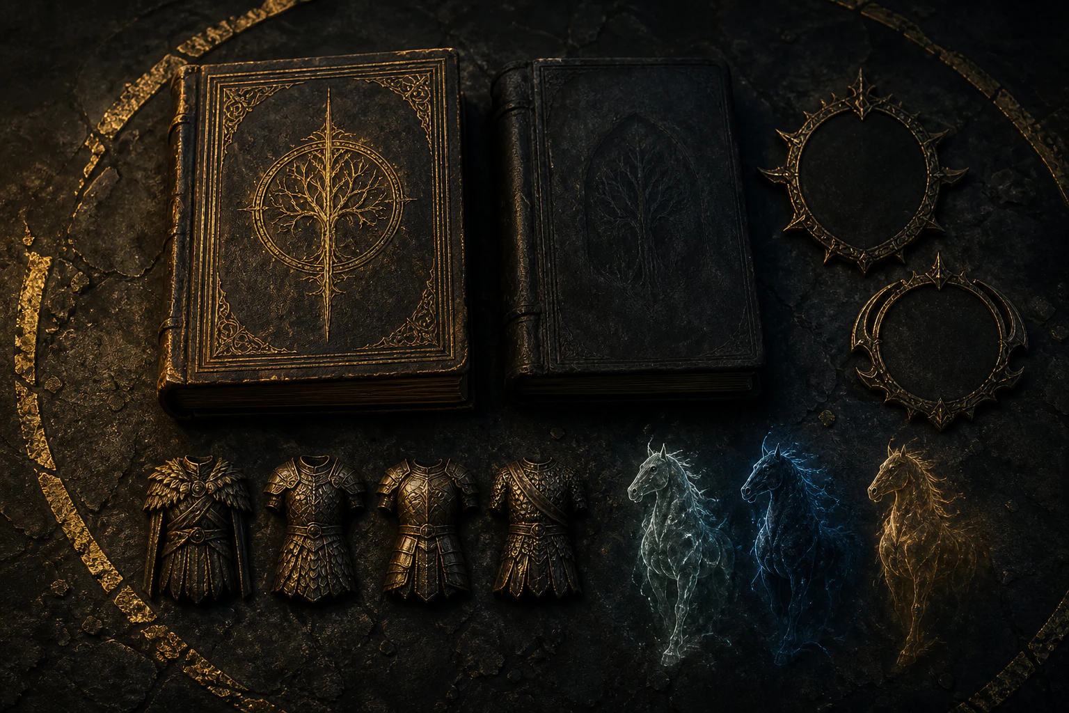 Dark-fantasy editorial still life with two ancient volumes, four armor relics, and three spectral horse figures arranged inside a broken gold ring.