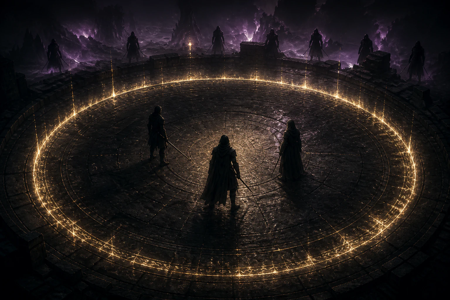 Three anonymous fantasy travelers stand together inside a glowing circular boundary while distant figures remain outside it.