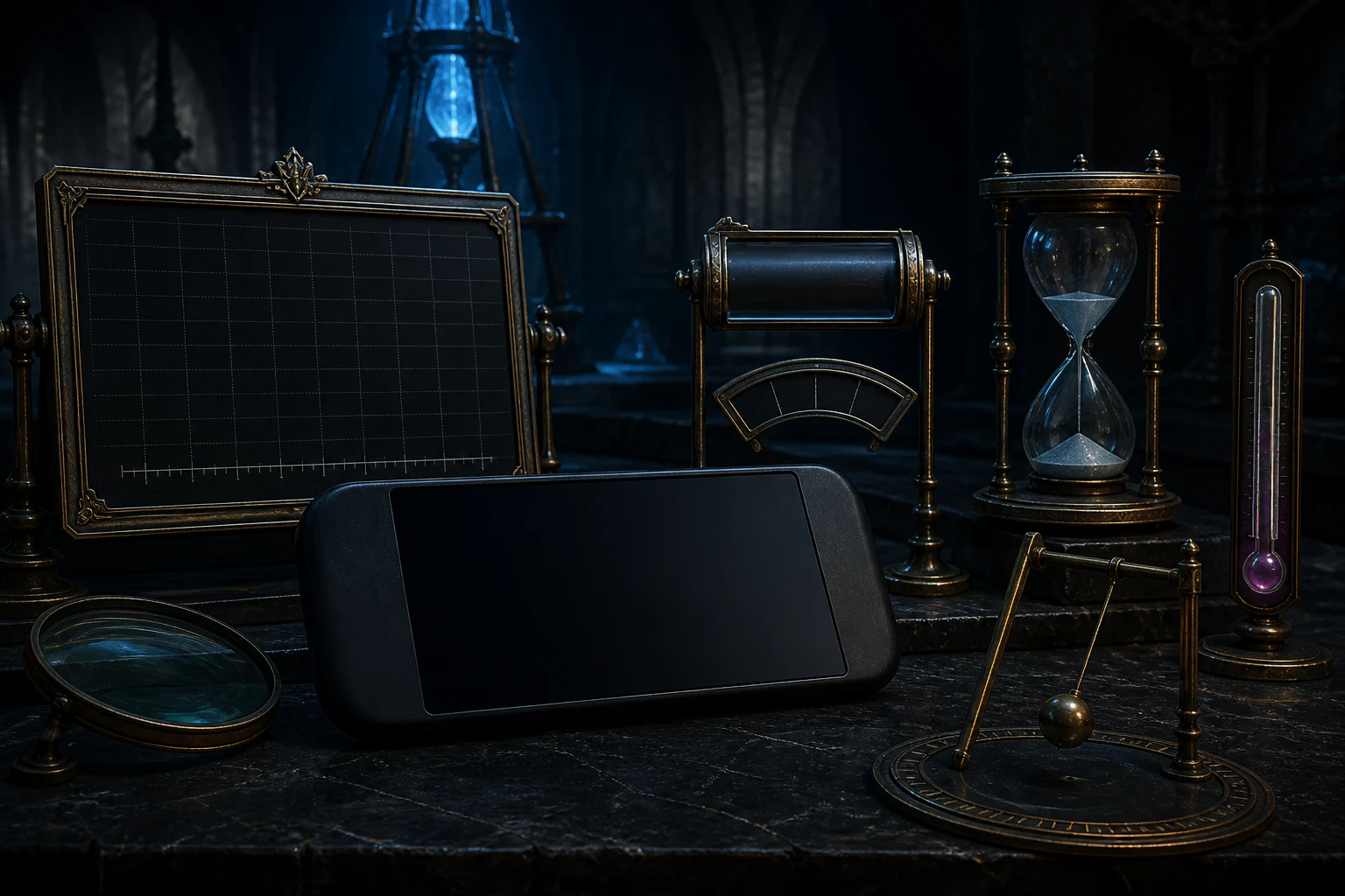 An unbranded portable device sits on a dark test bench beside an empty graph, blank battery gauge, hourglass, thermometer, and response pendulum.