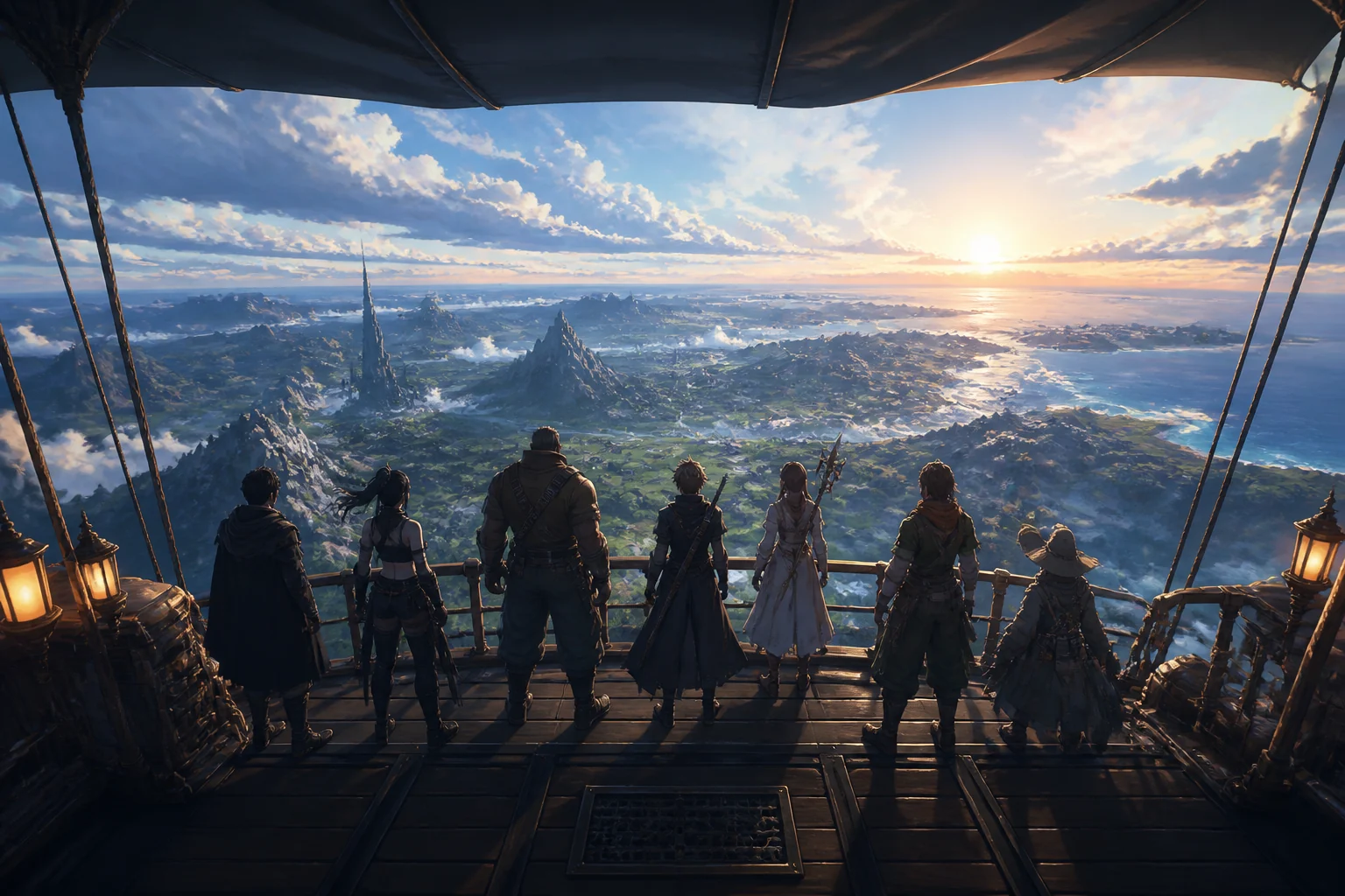 A party of seven stands on an airship deck overlooking a broad world at sunrise.