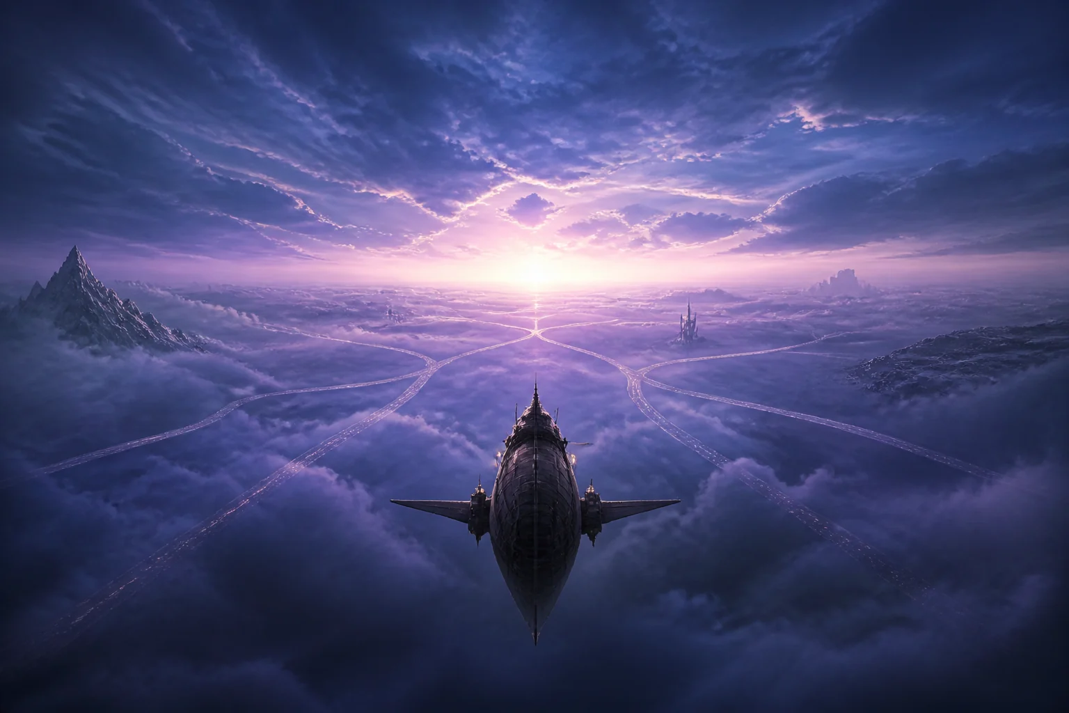 An airship approaches several branching routes through purple clouds at dawn.