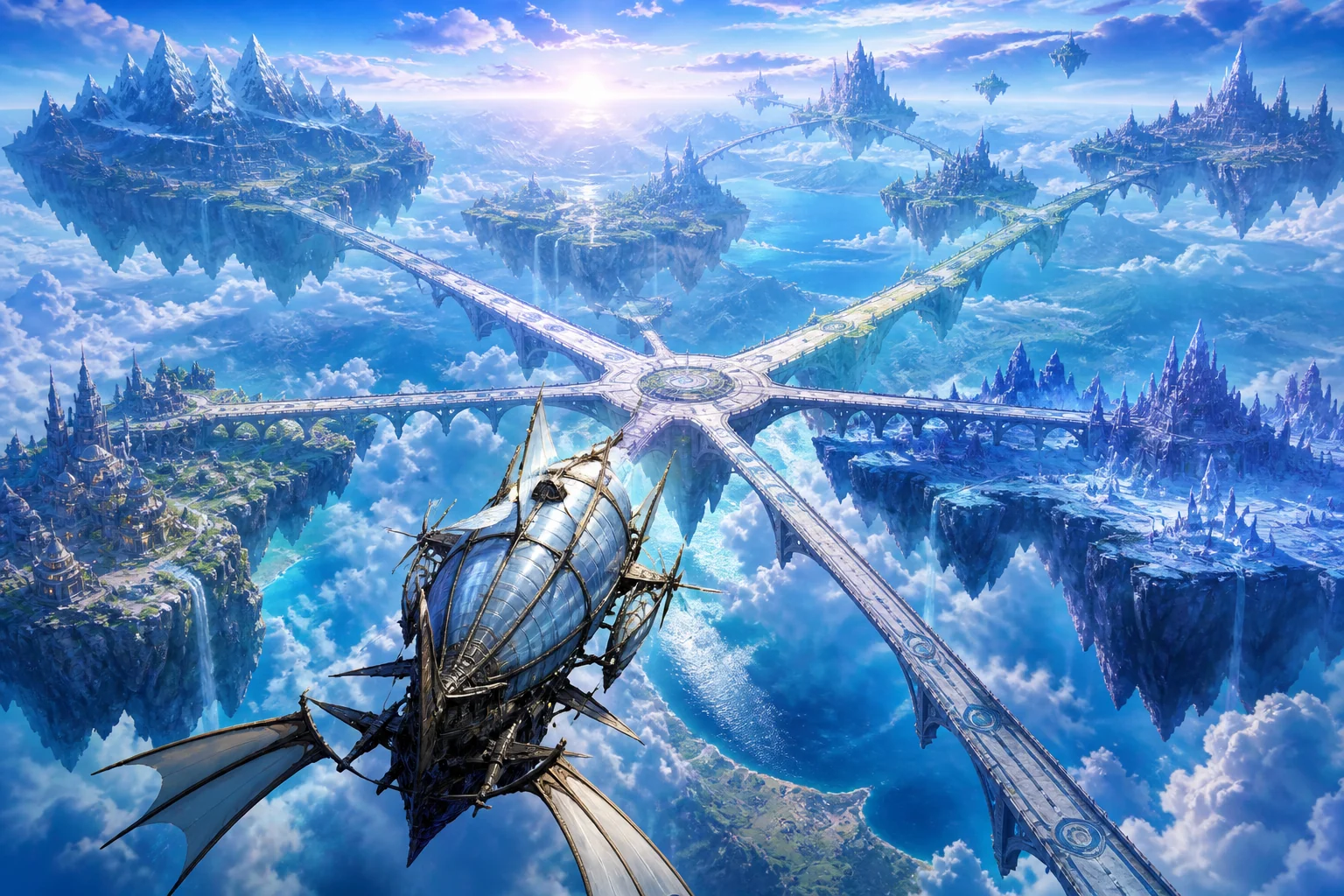 An airship approaches branching bridges that connect floating regions above the clouds.