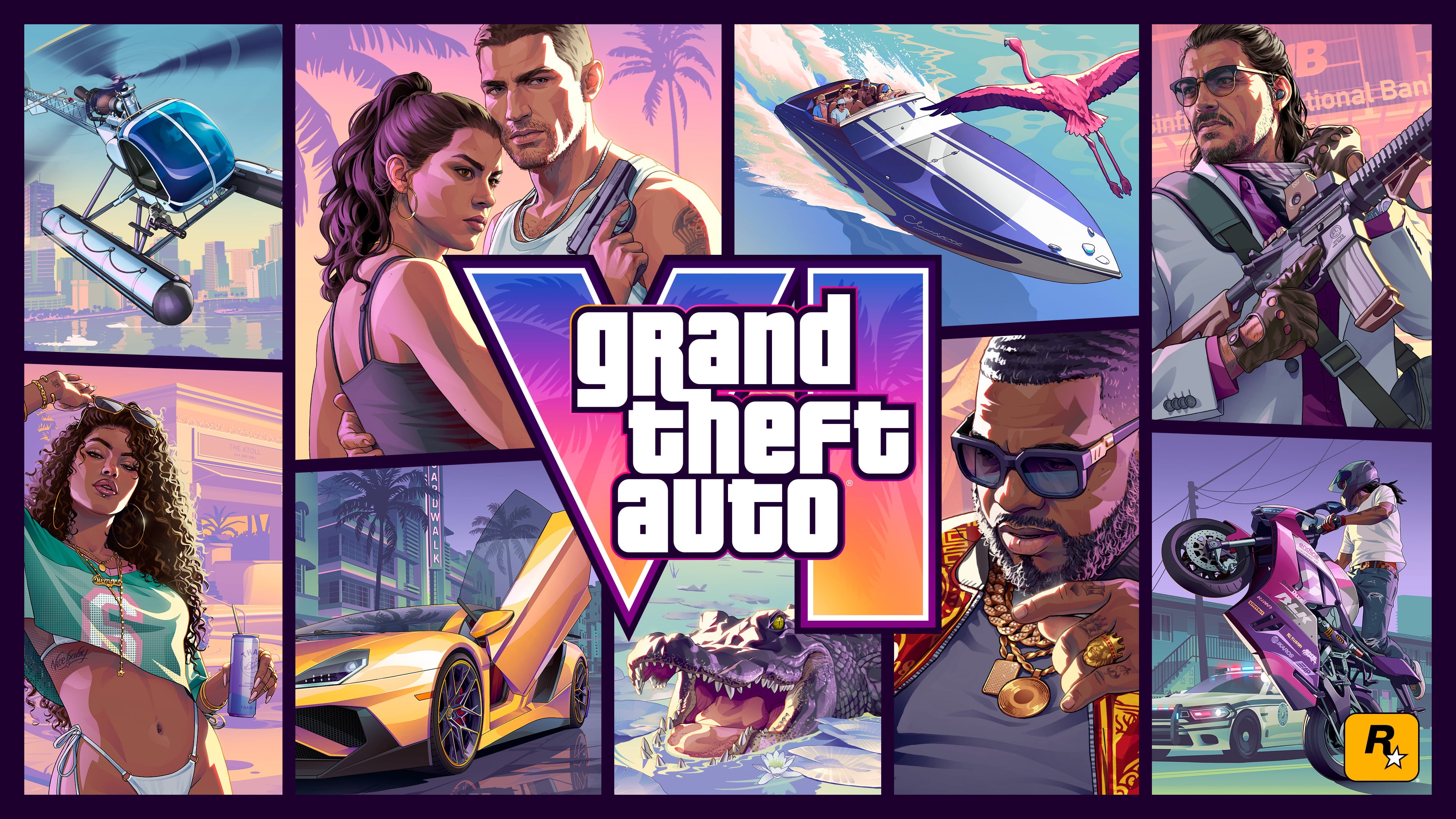 Official Grand Theft Auto VI cover art showing Lucia and Jason beside the GTA VI logo, surrounded by illustrated Leonida characters, vehicles, wildlife, and action scenes.