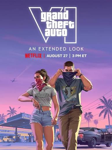 GTA VI artwork showing Jason and Lucia against scenes from Vice City.