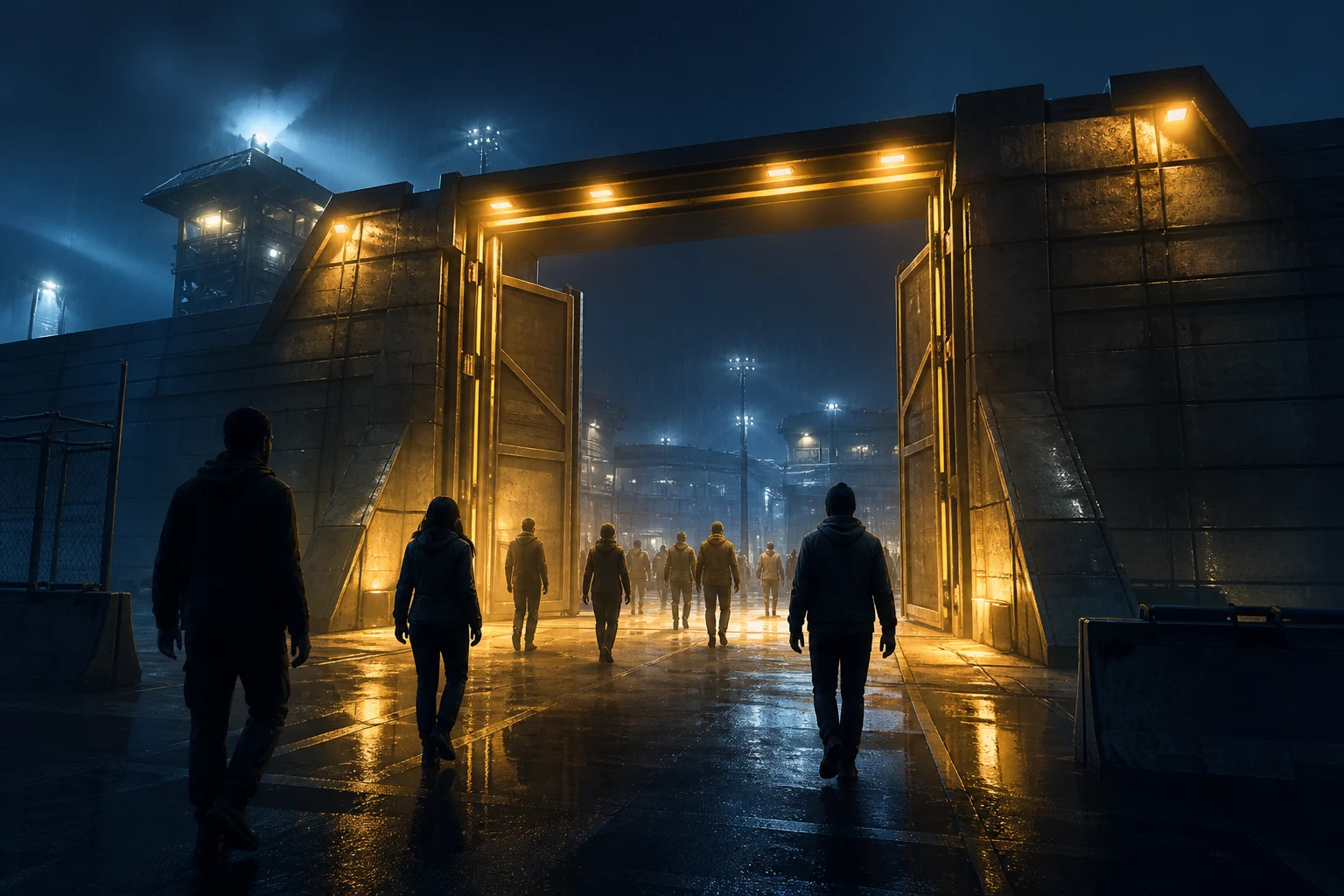 Anonymous players walk through a brightly lit open gate into a rain-darkened training compound.