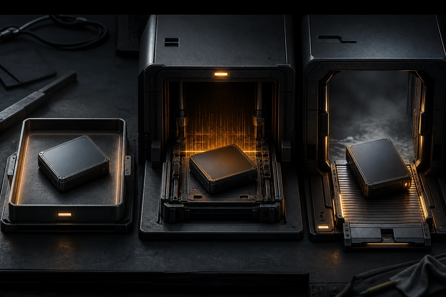 A blank data case moves across three unbranded stations for arrival, installation, and launch.
