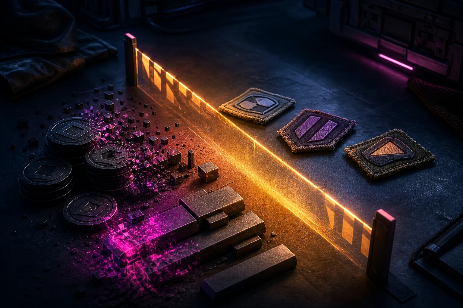 Three decorative patches cross a glowing threshold while generic rank tokens and progress blocks dissolve behind it.