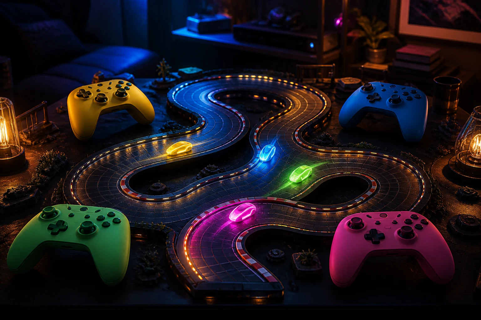 Four colorful unbranded controllers surround an illuminated tabletop raceway with four abstract racing tokens.