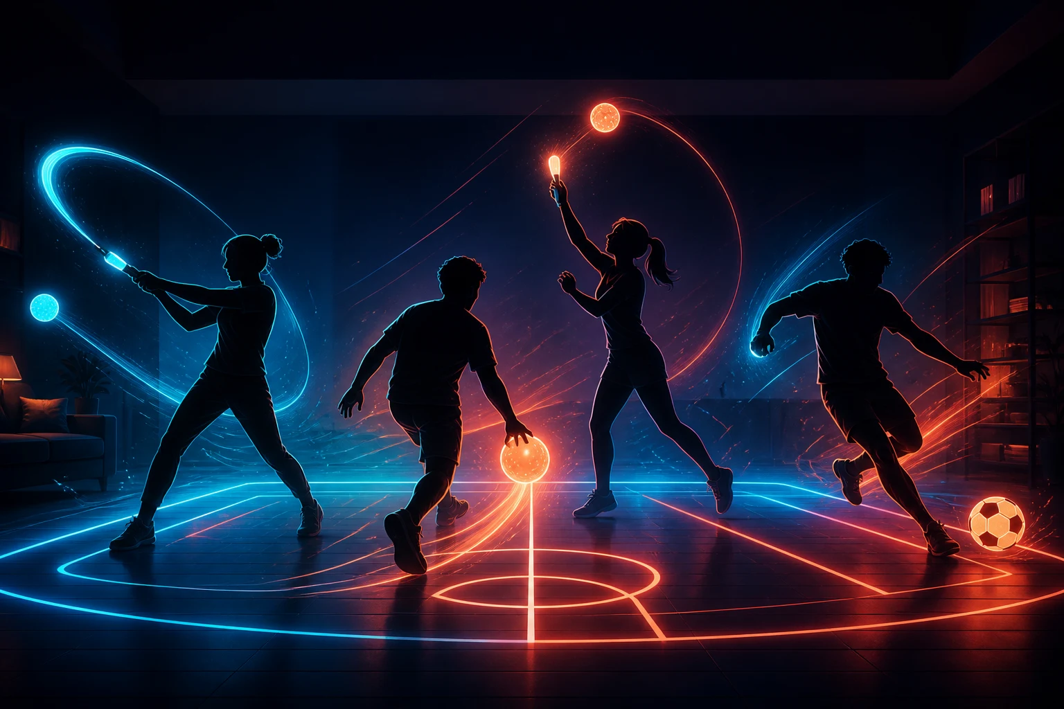 Four anonymous players perform different motion-controlled sports inside an abstract neon court.