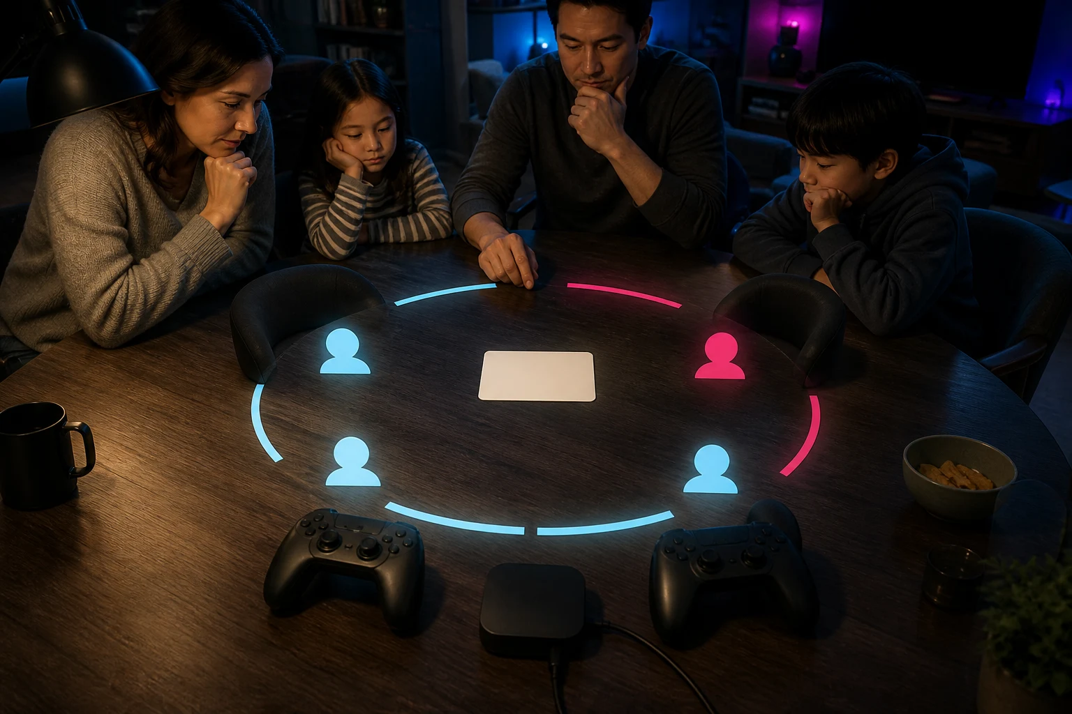 A family studies a table showing one blank membership card, four player places, two unbranded controllers, and an incomplete coverage ring.