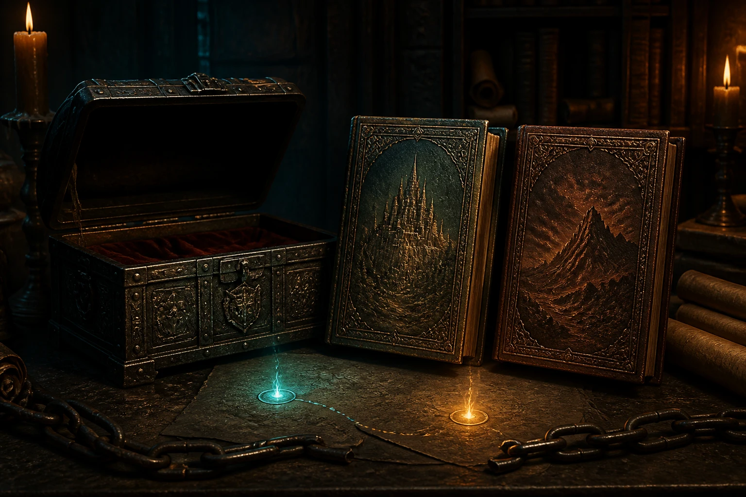 Two ornate fantasy volumes rest beside an open iron coffer and broken chain on a dark archive table.
