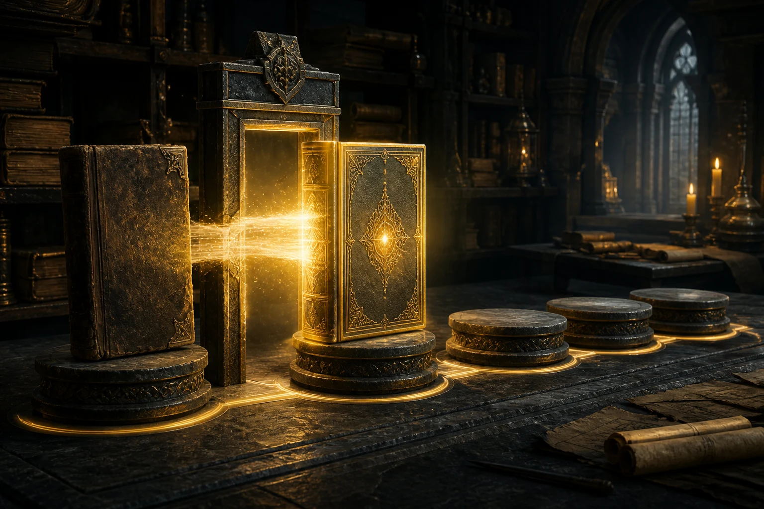 A weathered fantasy volume passes through a glowing restoration frame and emerges illuminated beside three connected stone pedestals.