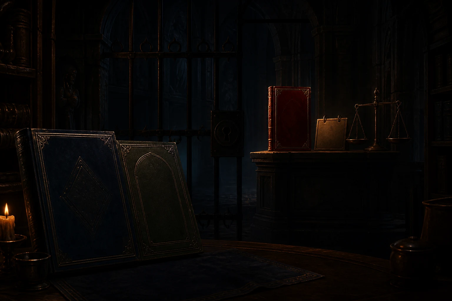 A separate crimson fantasy volume waits behind a locked gate beside a blank calendar plate and empty balance scale.