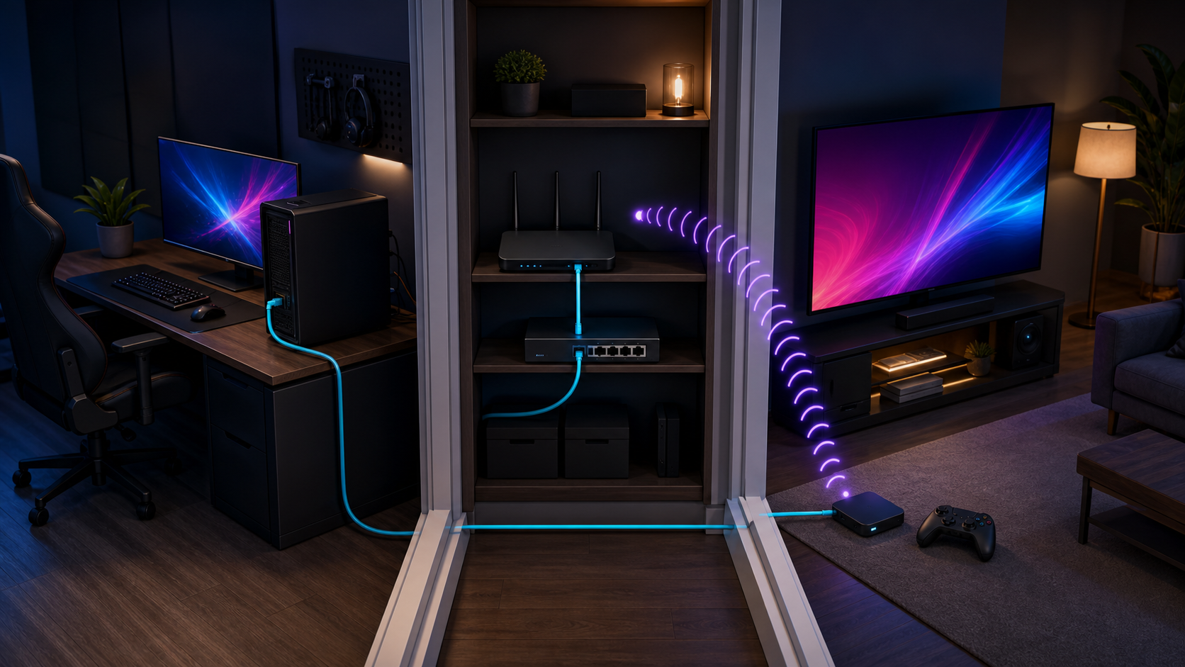 Host gaming PC connected through a router to a living-room TV client and controller path